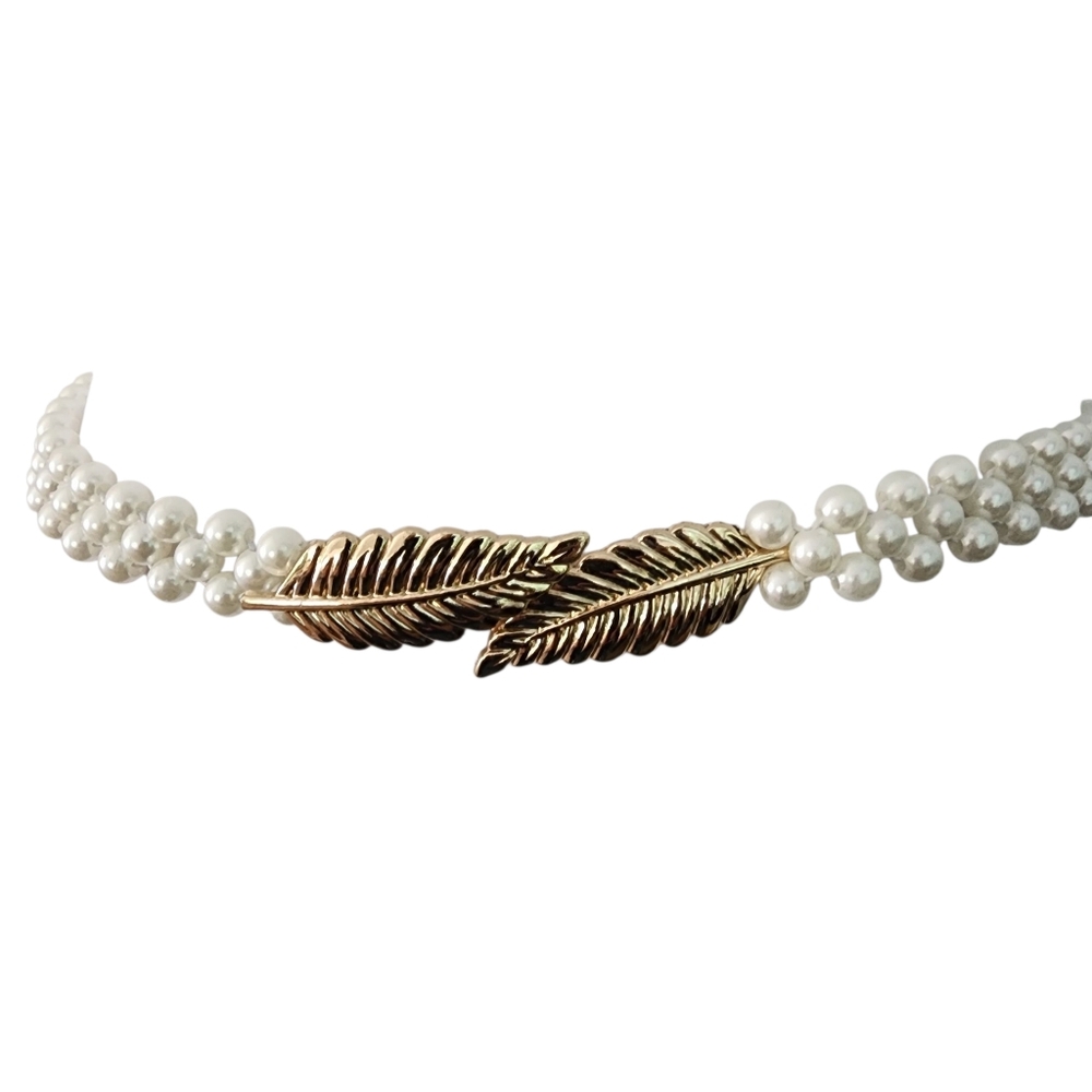 Y2K pearl belt gold leaf buckle white pearl beads vintage elastic expandable - Picture 4 of 14